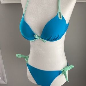 Victoria’s Secret Vintage Padded Push Up Halter Blue Bikini 34B & Small Bottoms